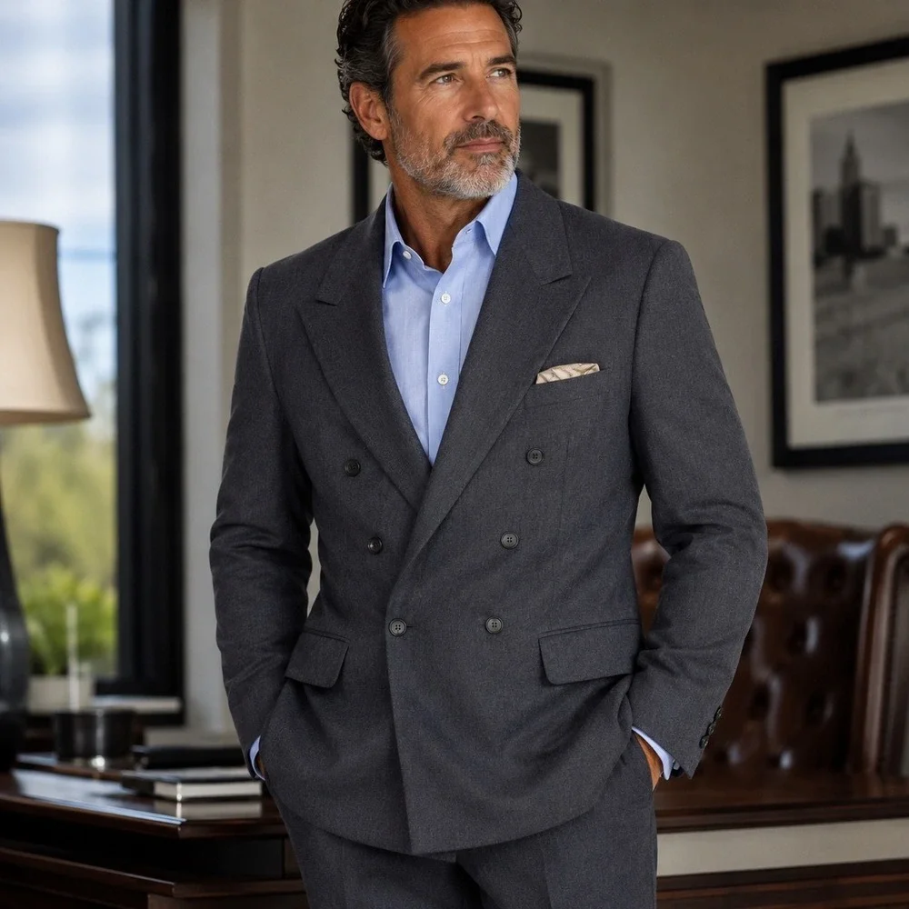 Evan-Picone Mens 44R Double Breasted Blazer Charcoal Grey Windowpane Peak USA